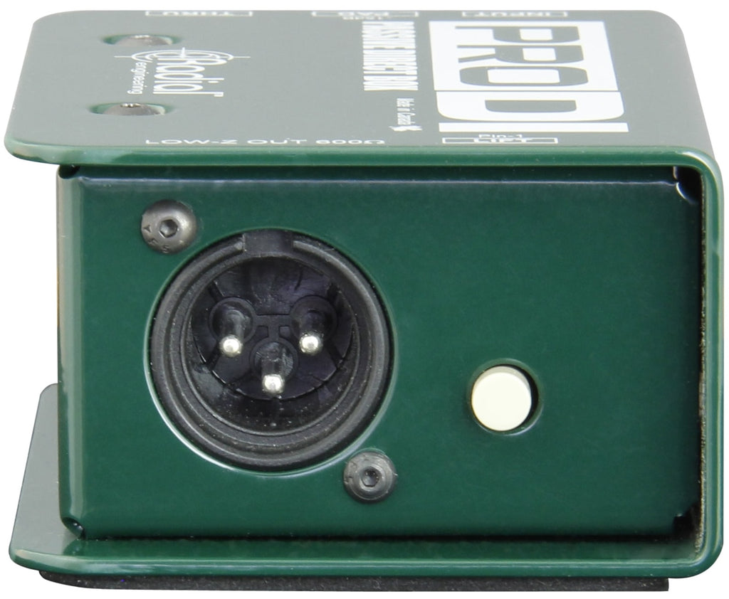 Radial Engineering ProDI DI box for professional audio, featuring rugged design and versatile connectivity for musical instrument setups.