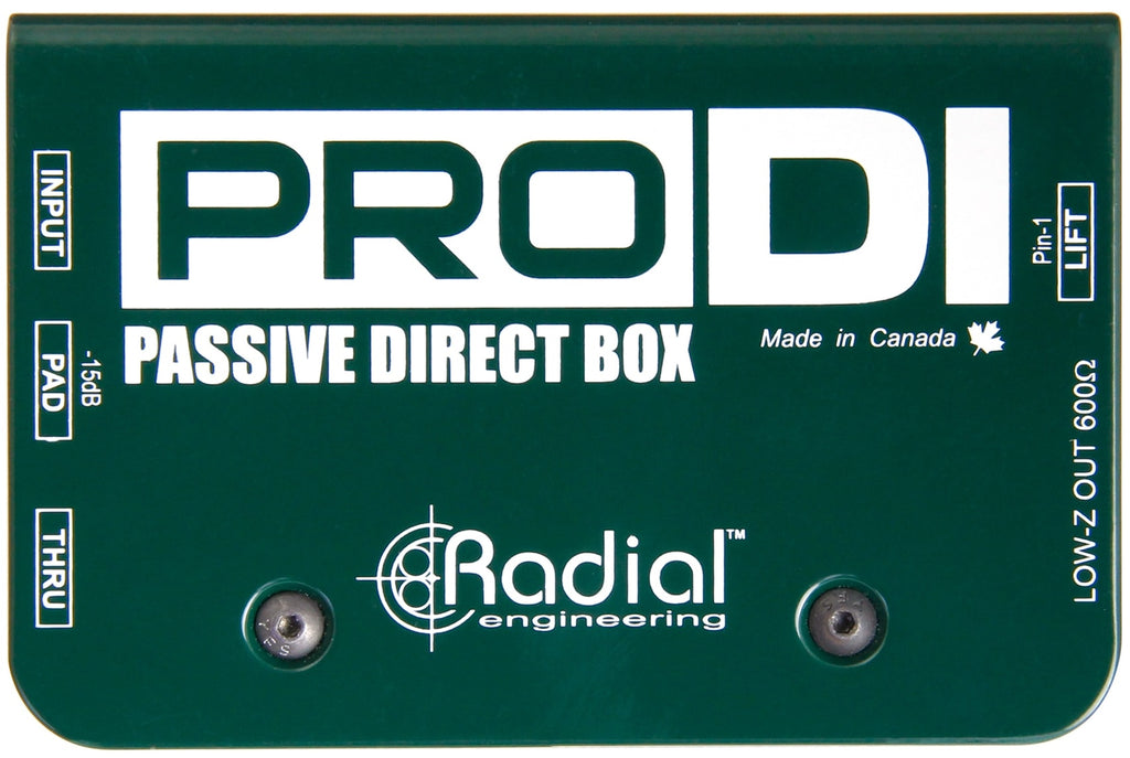 Radial Engineering ProDI DI box with top view showing input and output jacks for professional audio signal conversion.