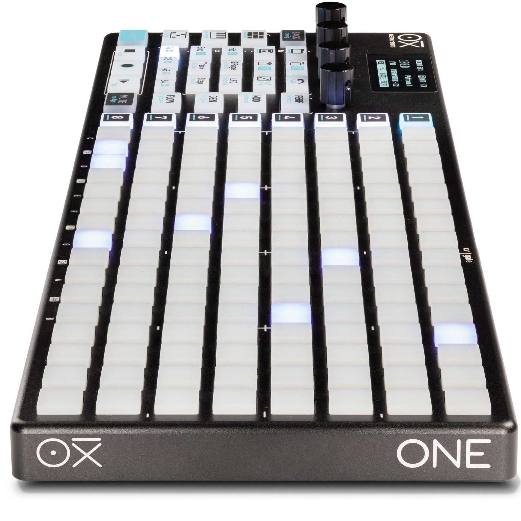 OXI Instruments One MKII Nostalgia sequencer device with knobs and buttons, showcasing its vintage-inspired design and controls.