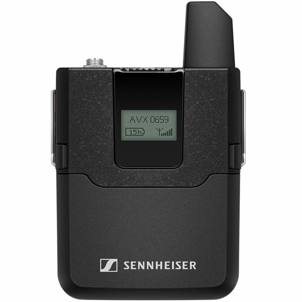 Sennheiser AVX-MKE2 professional wireless microphone system transmitter front view with red indicator light