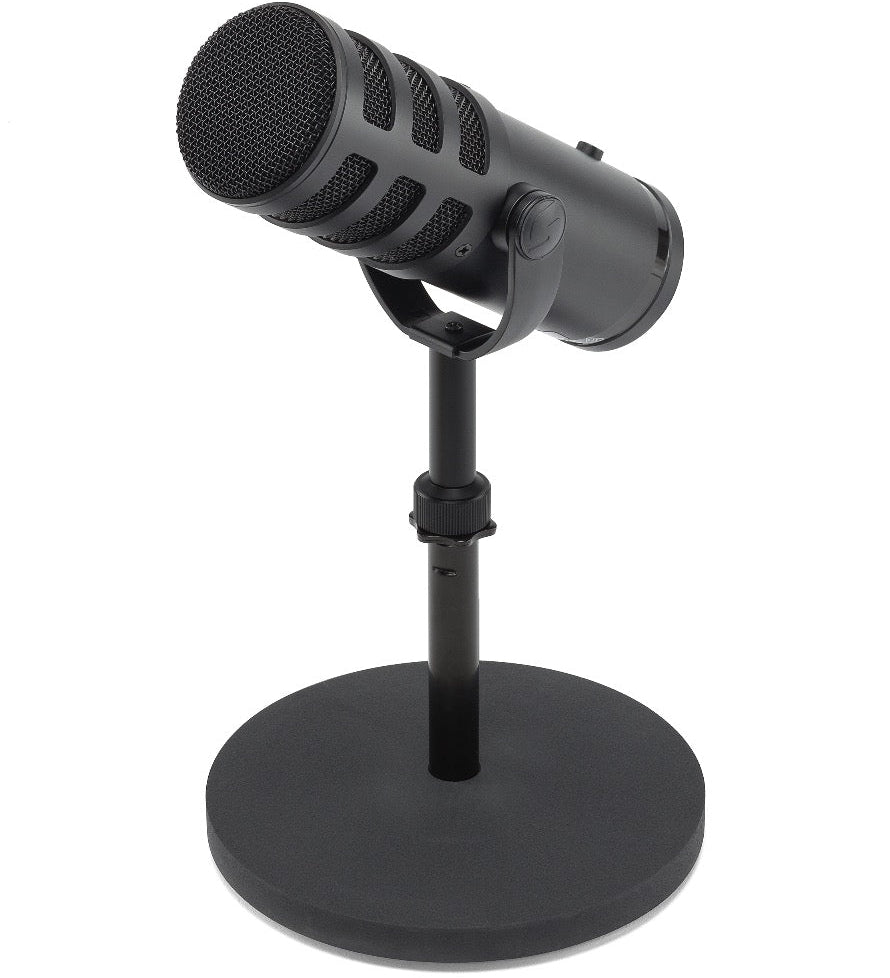 Samson Q9U dynamic microphone shown with XLR cable and stand, professional audio equipment for live or studio recording.