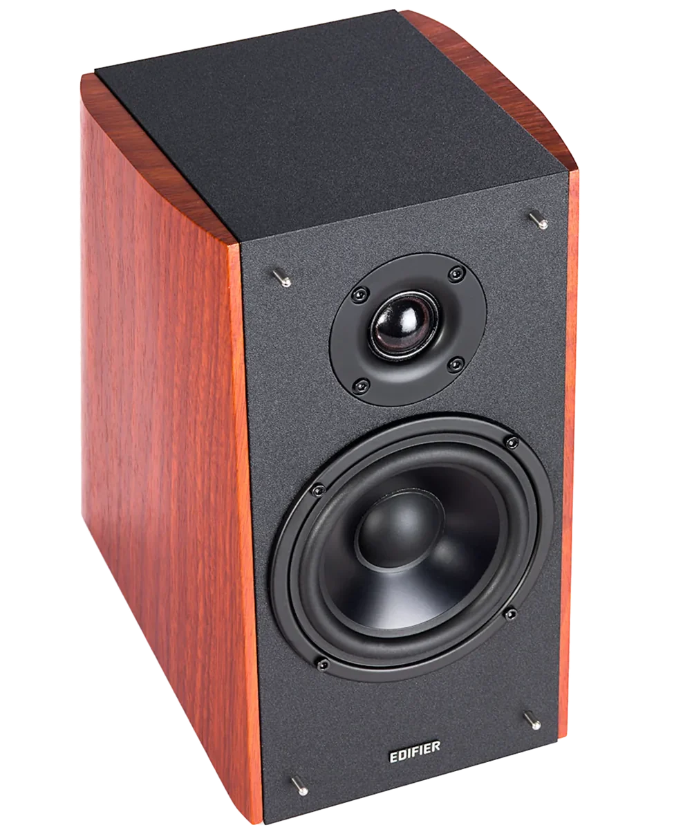 Edifier R2000DB active bookshelf speakers with wood-grain finish and detailed speaker cones, ideal for home audio setups.