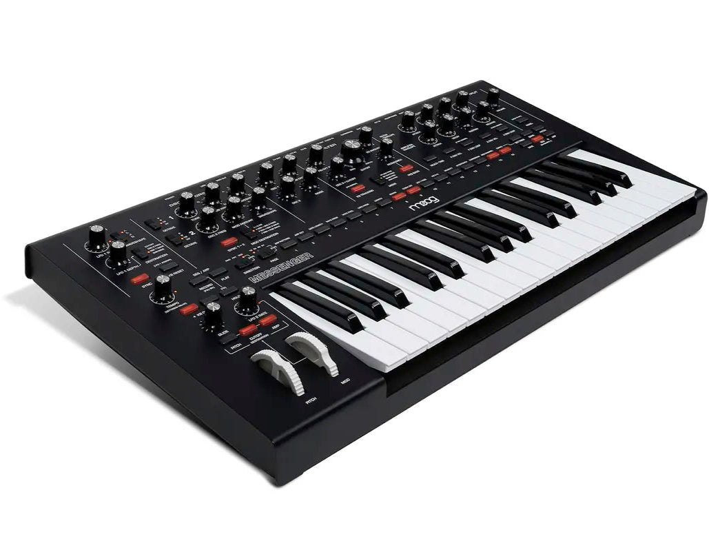 Moog Messenger synthesizer with knobs and controls, compact electronic music instrument by Moog.