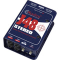 Stereo Radial Engineering J48 DI box with rugged metal enclosure and XLR and 1/4-inch outputs, ideal for professional audio setups.