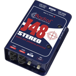 Stereo Radial Engineering J48 DI box with rugged metal enclosure and XLR and 1/4-inch outputs, ideal for professional audio setups.
