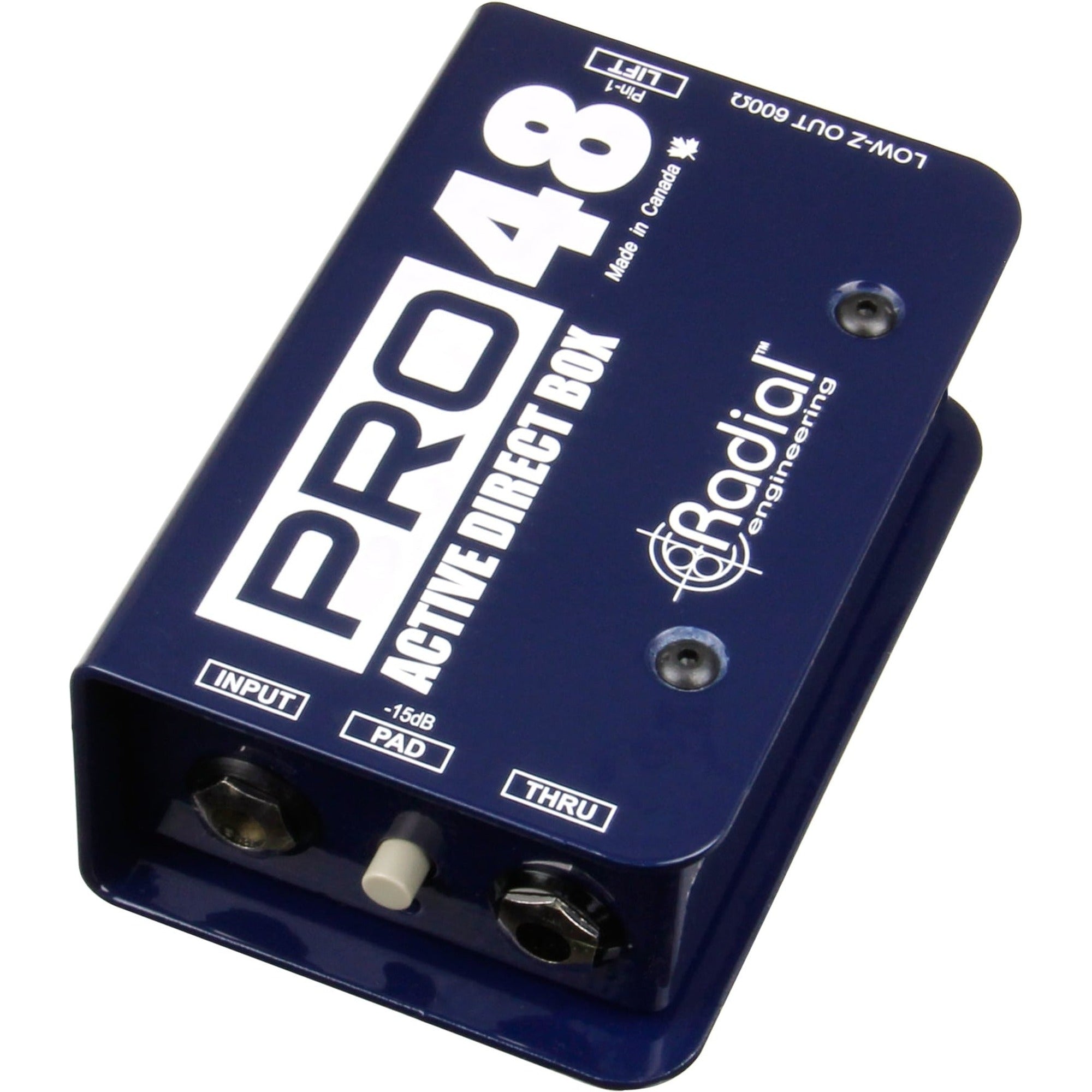 Radial Engineering Pro48 DI box with rugged metal casing and XLR connectors, used for professional audio signal processing.
