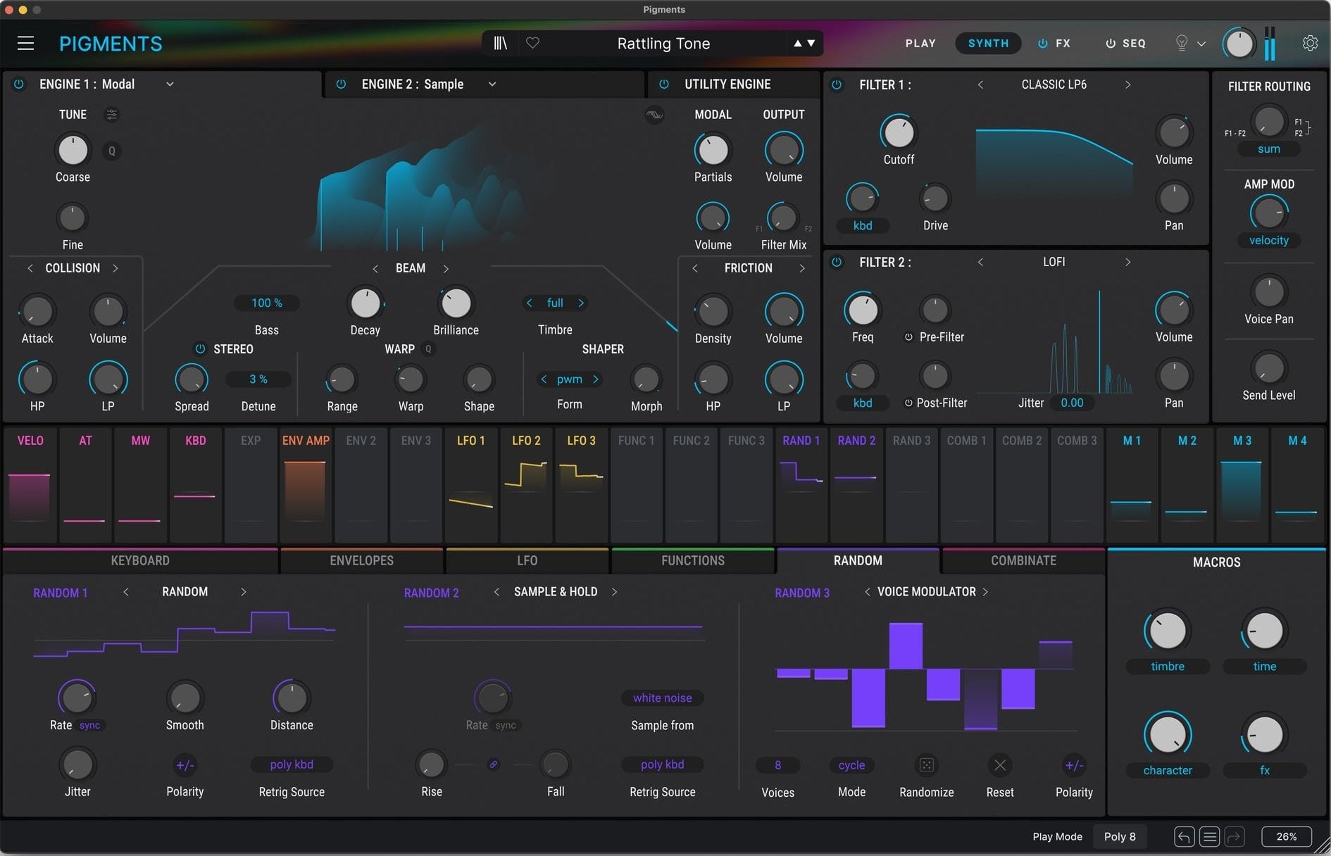 Arturia Pigments 6 music production software interface showing colorful synthesizer controls and waveform displays.