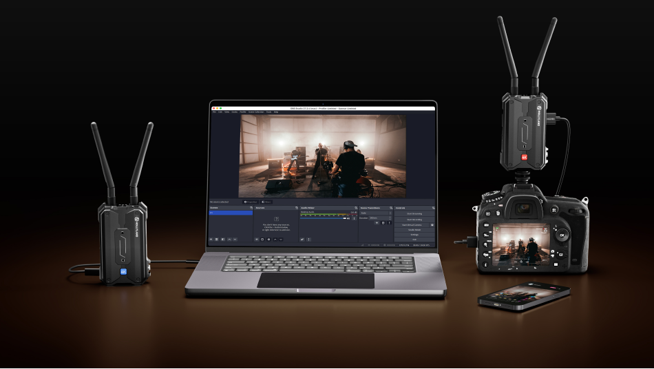 Hollyland Pyro H wireless video transmitter in a rectangular design with ports for seamless camera transmission.