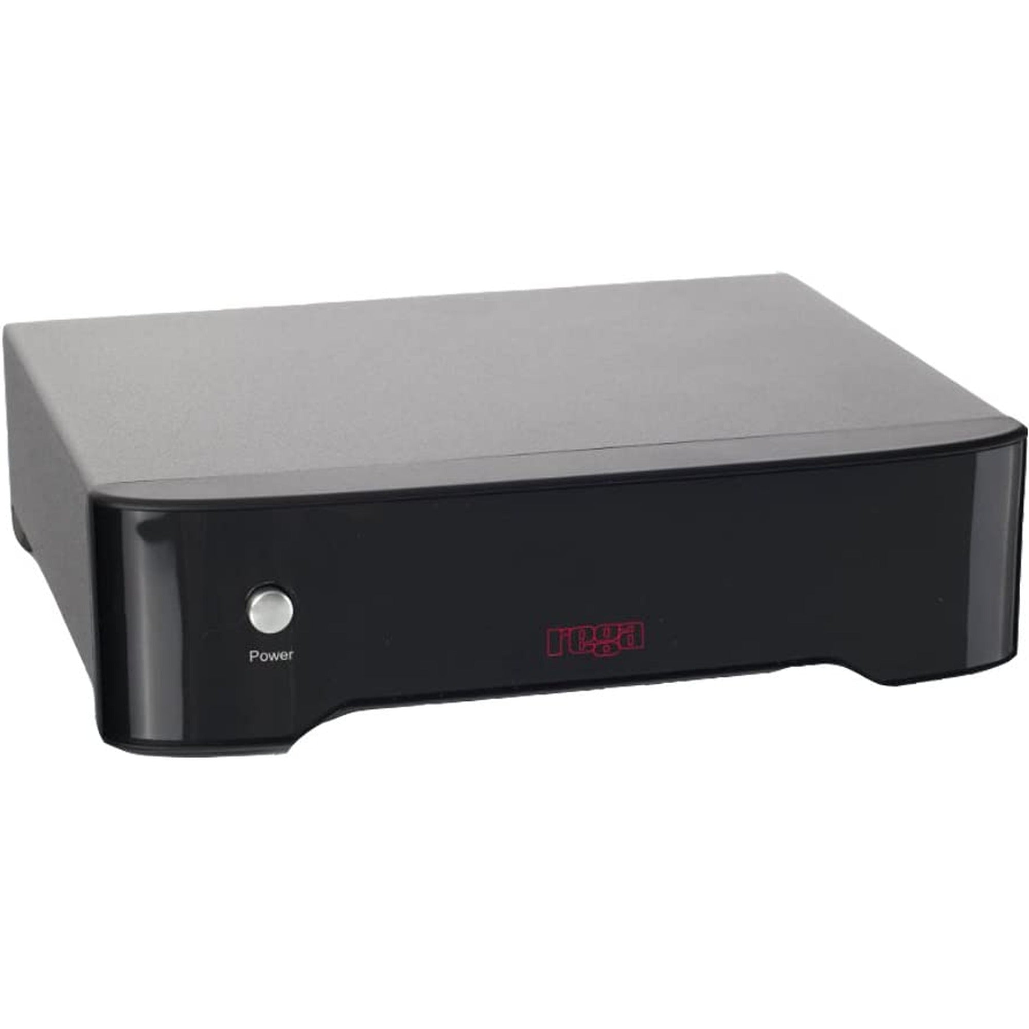 Rega Fono MM phono preamp in sleek black, with control knobs and input/output ports visible on the compact device.