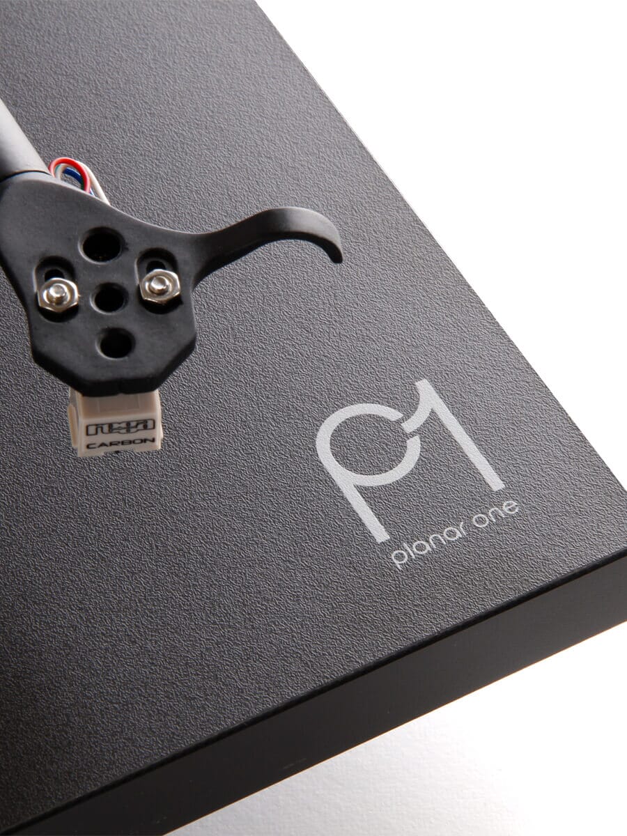Rega Planar 1 turntable, close-up detail in matte black
