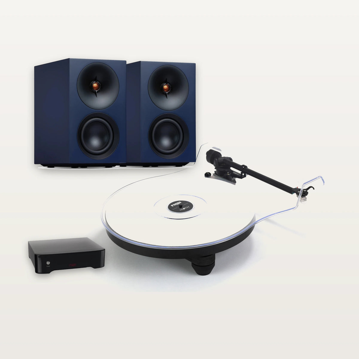 Rega Replay turntable, Fono MM phono stage and Cambridge Audio L/R S speakers vinyl system in Blue