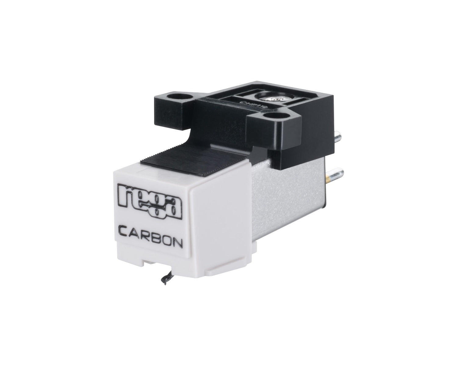 Rega Carbon MM turntable cartridge mounted on a turntable, angled view showing the cartridge's design and stylus.