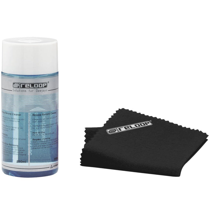 Reloop Record / CD Cleaner MK2 with cleaning brush and solution for vinyl records and CDs, designed for gentle cleaning and maintenance.
