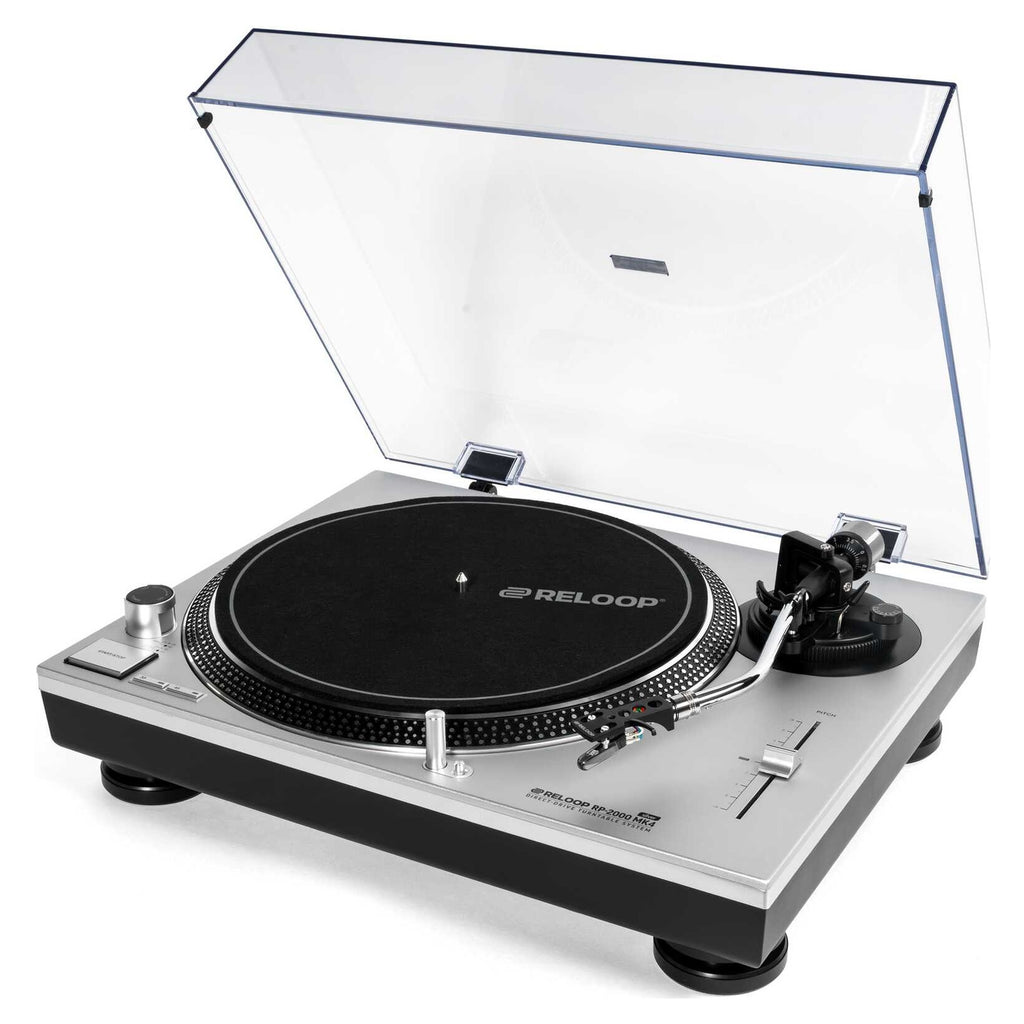 Reloop RP-2000 MK4 Silver with the optional dust cover raised