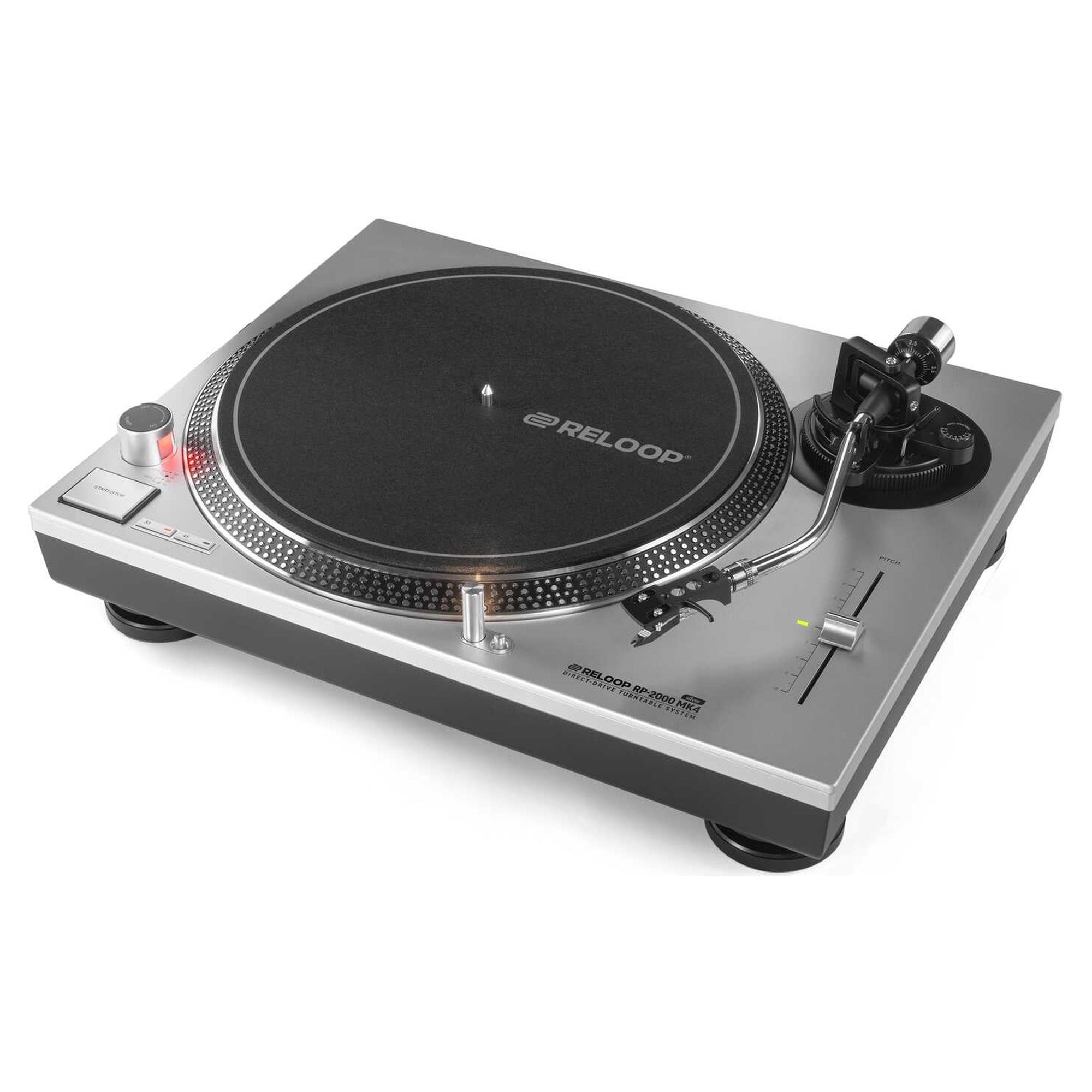Reloop RP-2000 MK4 Silver direct-drive DJ turntable, angled view