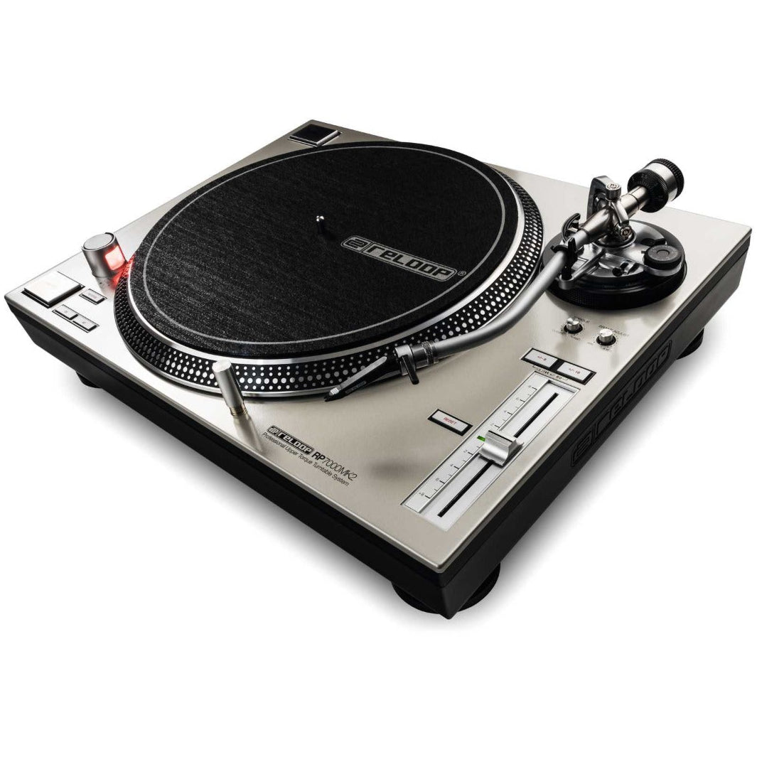 Reloop RP-7000 MK2 DJ turntable, silver, angle view