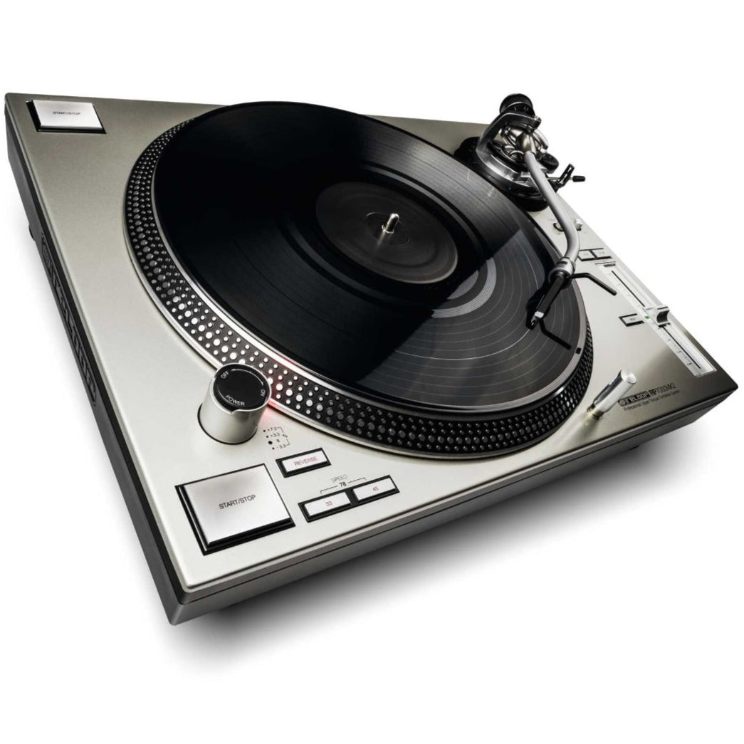Reloop RP-7000 MK2 DJ turntable, silver, close-up of controls and tonearm