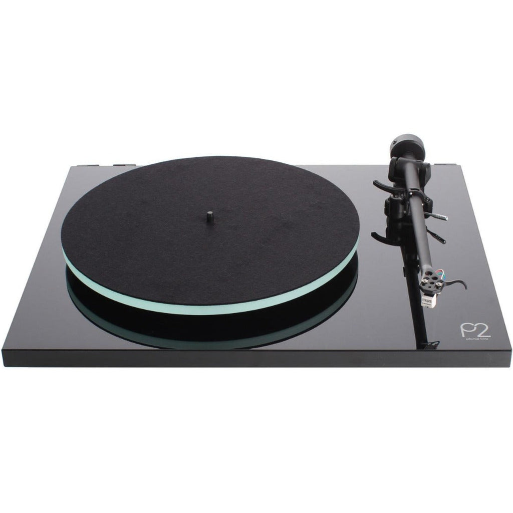 Rega Planar 2 turntable with black finish and Nd3 cartridge installed, showcasing its sleek design and tonearm.