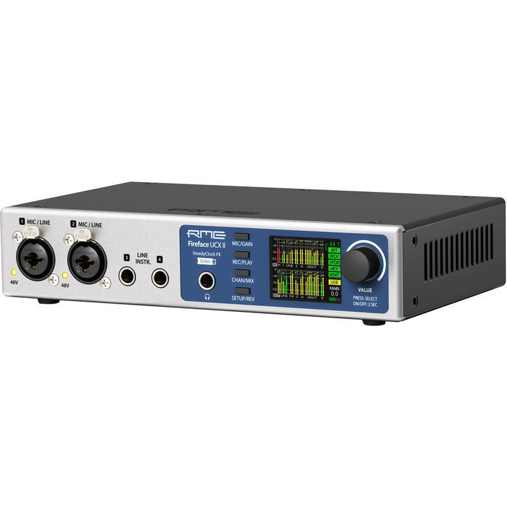 RME Fireface UCX II audio interface with front and back panels showing input and output connections, compact professional design