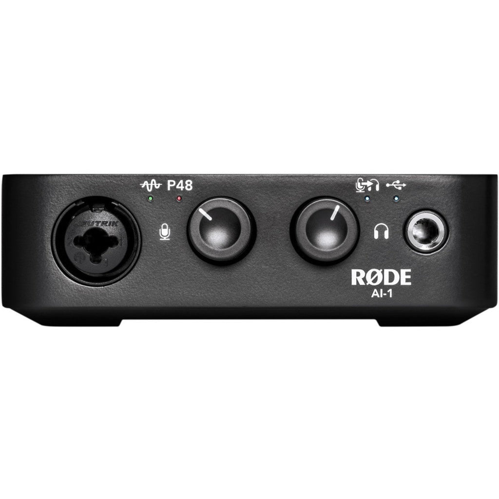 Rode AI-1 audio interface with sleek design, multiple input ports, and professional-grade audio equipment for high-quality sound recording.