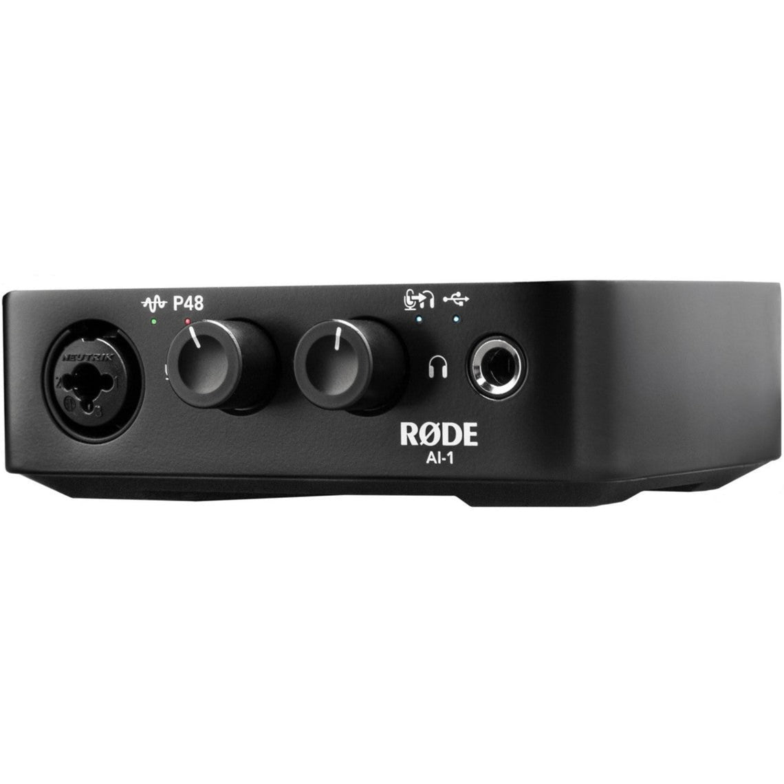 Rode AI-1 audio interface with sleek design, featuring input and output ports, used for professional recording and streaming.