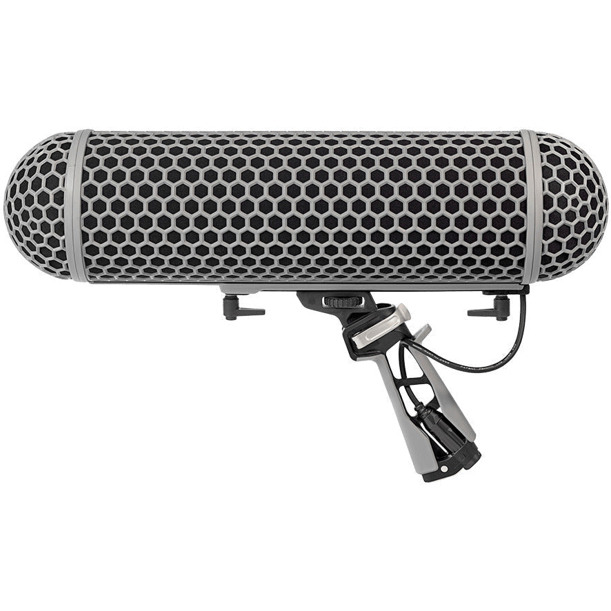 Rode Blimp microphone windscreen with extension, designed for professional audio recording and wind protection.