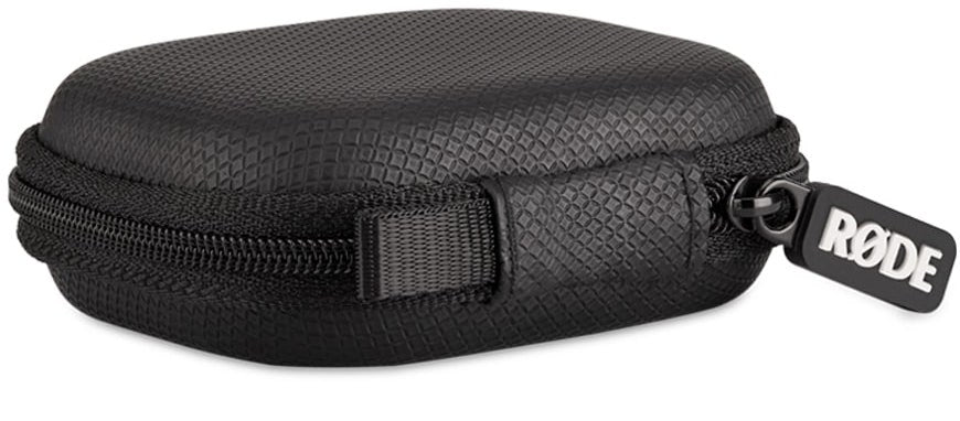 Rode Lavalier II wearable microphone clipped inside a black case, showing the microphone's side view with Rode branding on the tag.