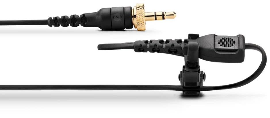 Black Rode Lavalier II wearable microphone lying horizontally, designed for high-quality audio recording and discreet use.