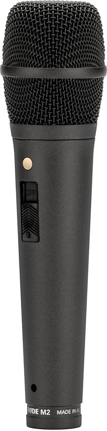 Rode M2 condenser microphone on a stand, with a shock mount and pop filter, suitable for studio recording and vocals.