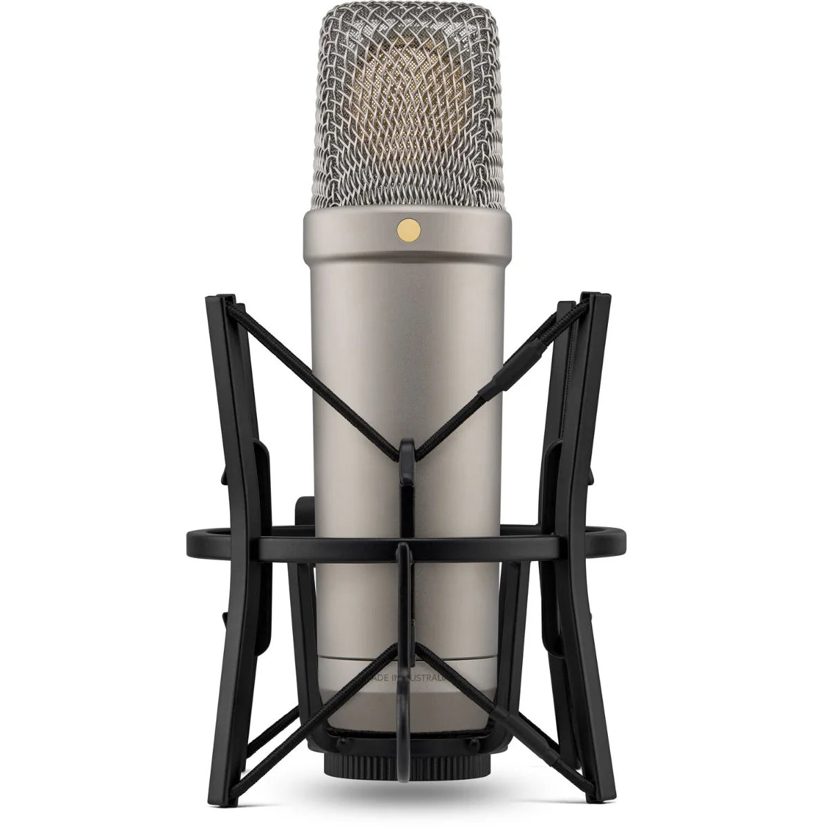 Rode NT1 GEN5 condenser microphone, silver in shock mount, front