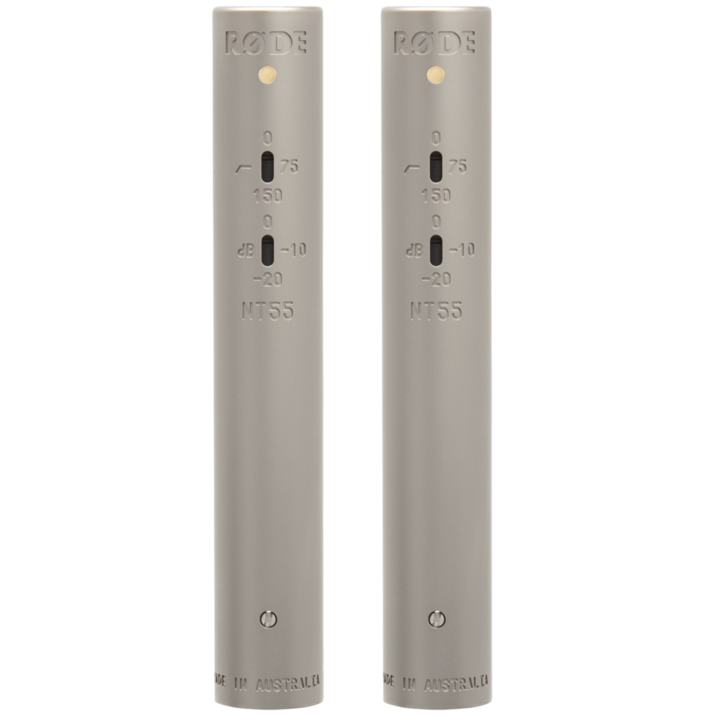 Pair of Rode NT55 condenser microphones shown from the body only, featuring compact design and professional audio equipment quality.