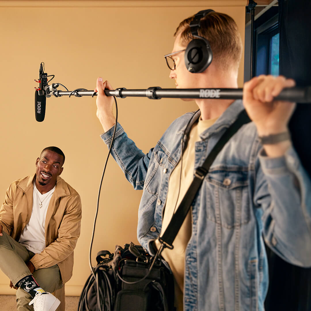 Rode NTG5 camera microphone with modular design, shown in a close-up image with a sleek black finish and professional audio equipment.