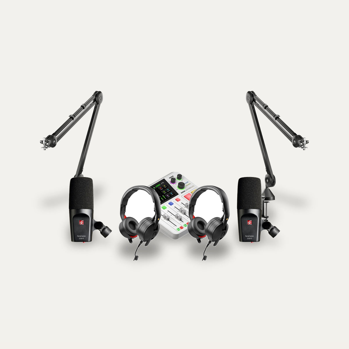 RODE RODECaster Duo + 2x sE DynaCaster DCM6 + 2x RODE PSA1 Two-Person Podcast Set – Console Colour White