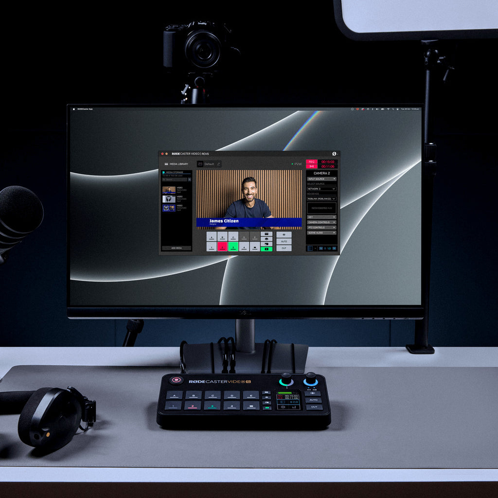 Rode RodeCaster Video S video editing controller with multiple buttons and dials for professional audio and video production.