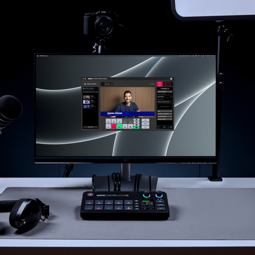 Rode RodeCaster Video S video editing controller with multiple buttons and dials for professional audio and video production.