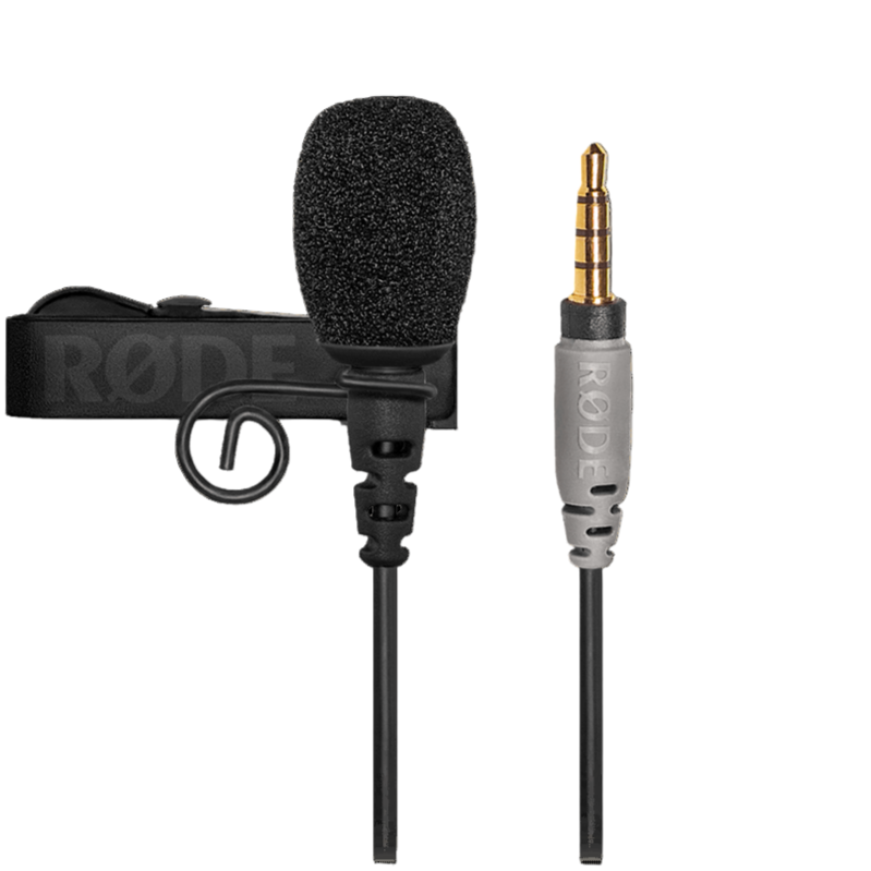 Rode smartLav+ lavalier microphone, clipped to clothing