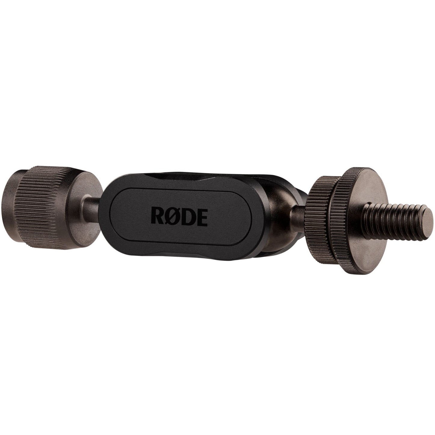 Rode Universal Ball Mount for microphone shock mounts, shown from three-quarter right angle, with red and black design elements.