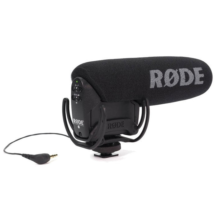 Rode VideoMic Pro Rycote camera microphone attached to a DSLR camera, showcasing high-quality audio recording equipment.