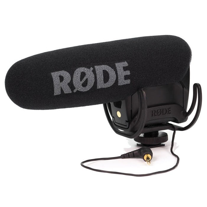 Rode VideoMic Pro Rycote camera microphone mounted on a camera, featuring Rycote shock mount and windscreen for professional audio recording.