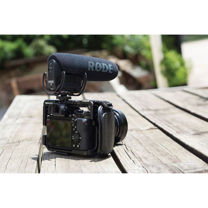 Rode VideoMic Pro Rycote camera microphone mounted on a camera with Rycote windscreen and shock mount for high-quality audio recording