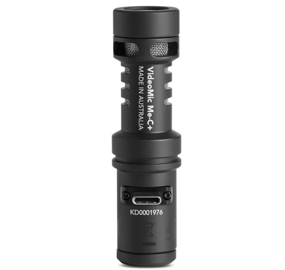 Rode VideoMic ME-C+ iOS and Android microphone shown from rear view with cable connection and compact design.