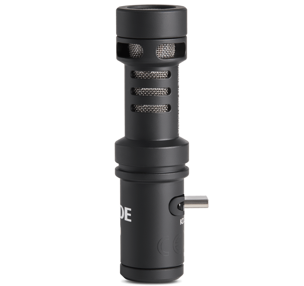 Rode VideoMic ME-C+ compact microphone for iOS and Android devices, shown attached to a smartphone with colorful background.