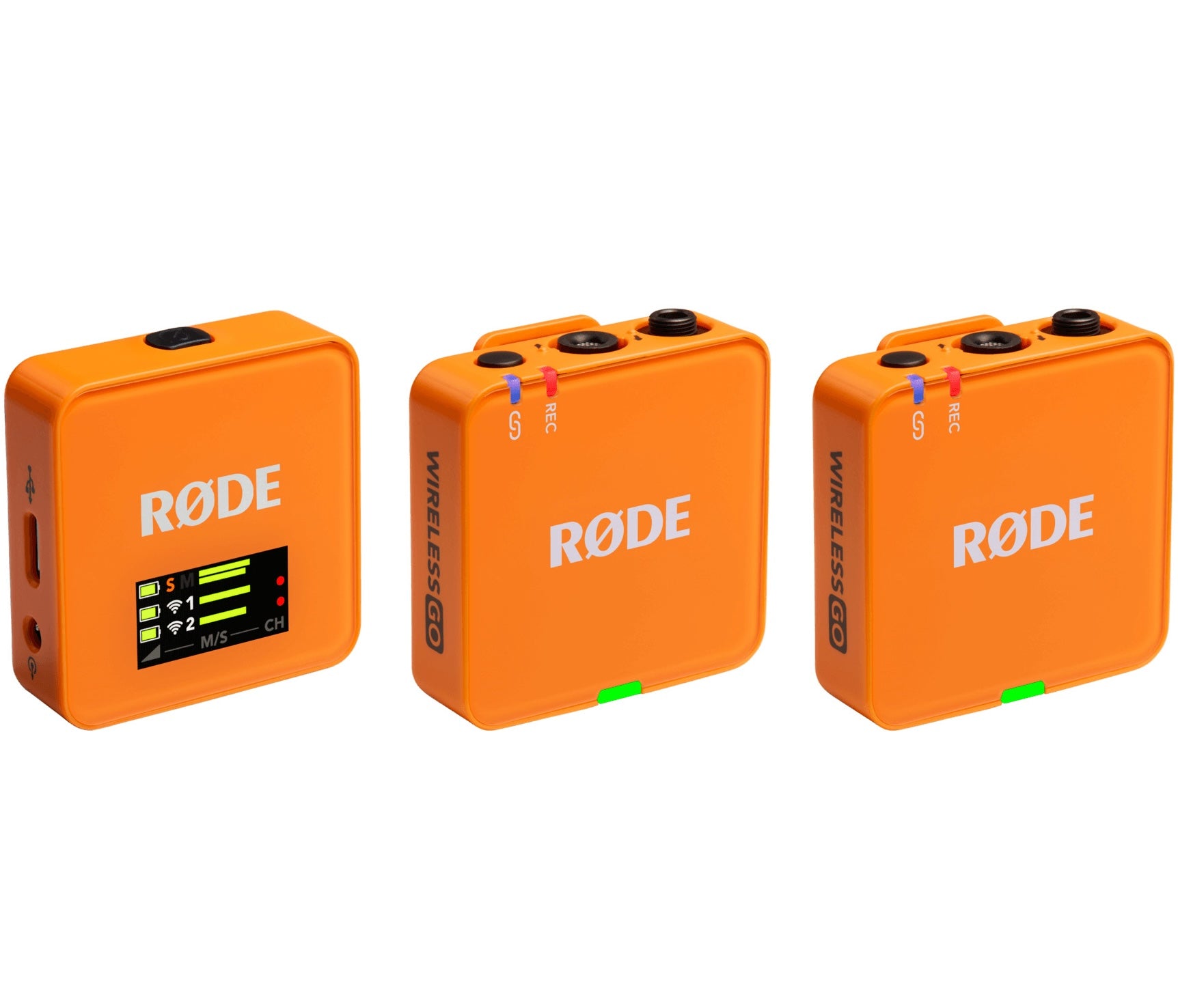 Rode Wireless GO 3 wireless microphone system with orange front, compact design, and portable setup.