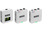 Rode Wireless GO 3 wireless microphone system with compact transmitter and receiver, white front view, three-quarter angle.
