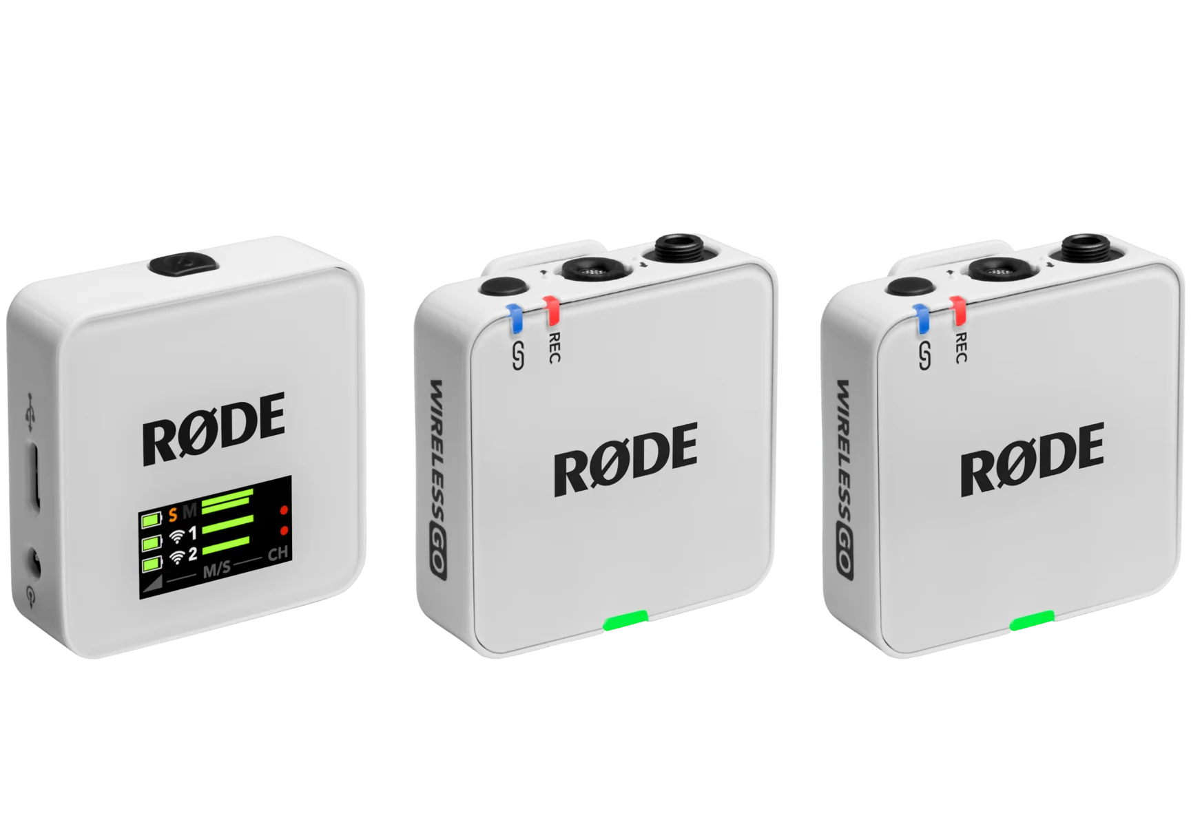 Rode Wireless GO 3 wireless microphone system with compact transmitter and receiver, white front view, three-quarter angle.