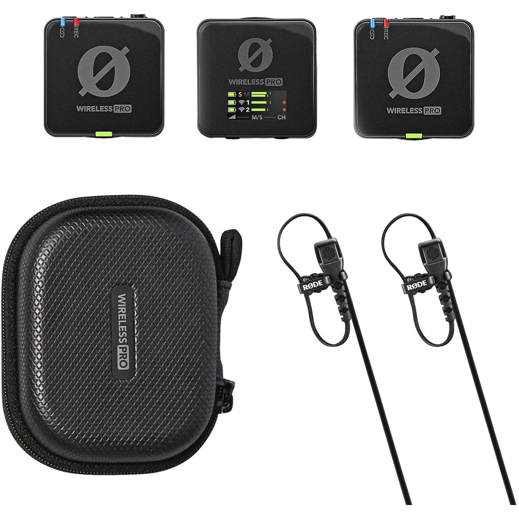Rode Wireless PRO wireless microphone system, kit contents with charging case and lavalier mics