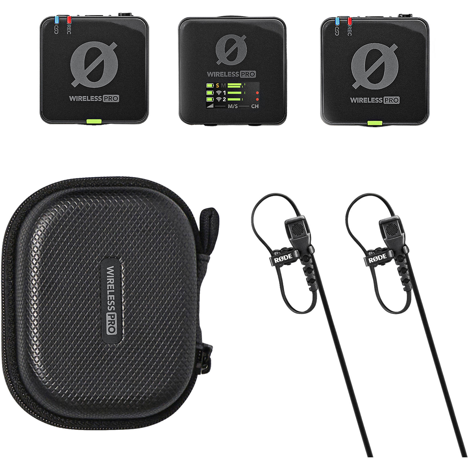 Rode Wireless PRO wireless microphone system, kit contents with charging case and lavalier mics