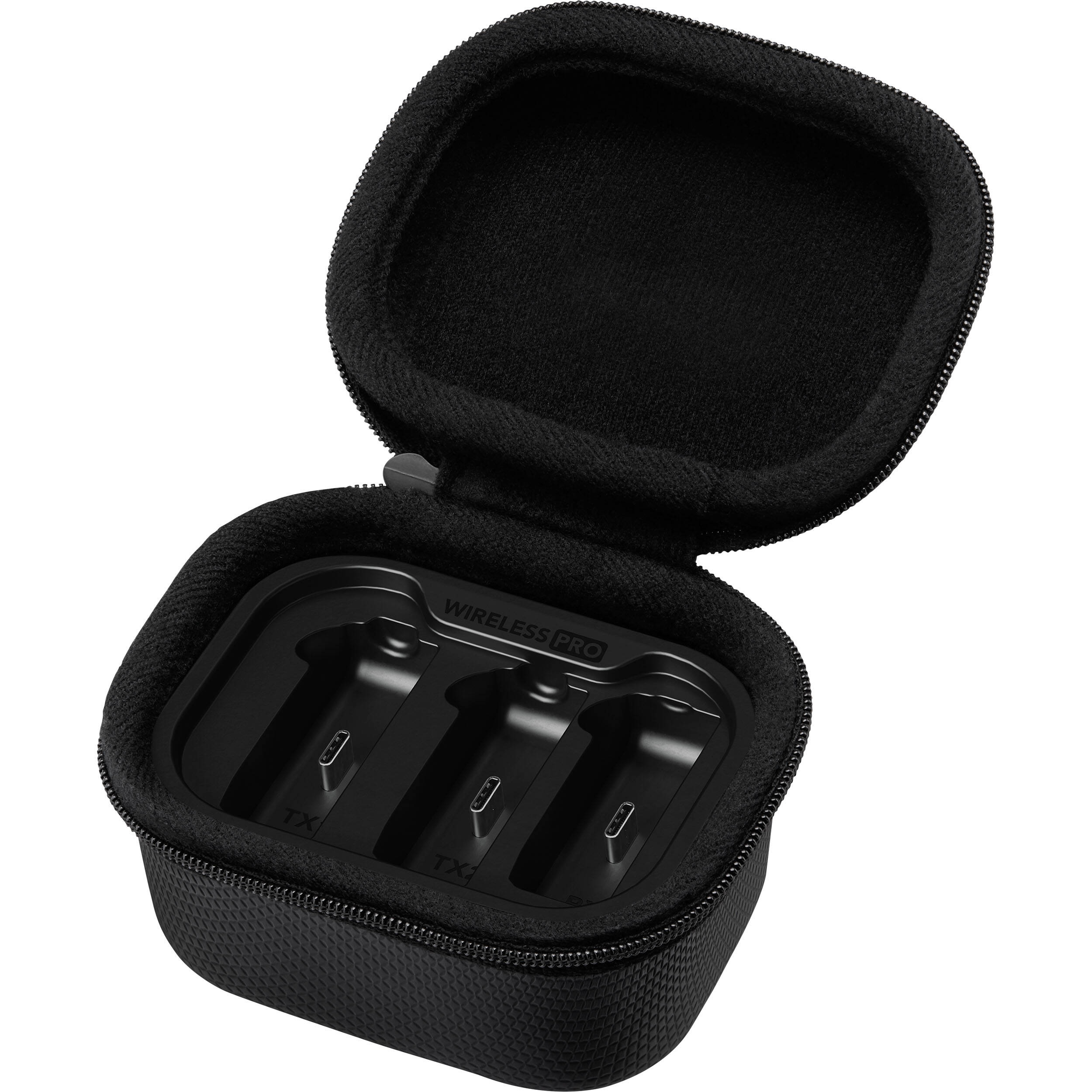 Rode Wireless PRO wireless microphone system, charging case open with units