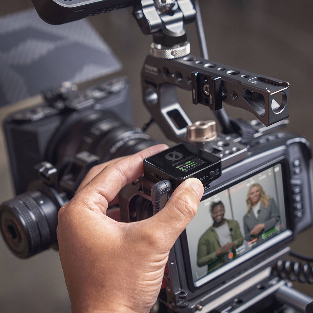 Rode Wireless PRO wireless microphone system, lifestyle mounted on a camera