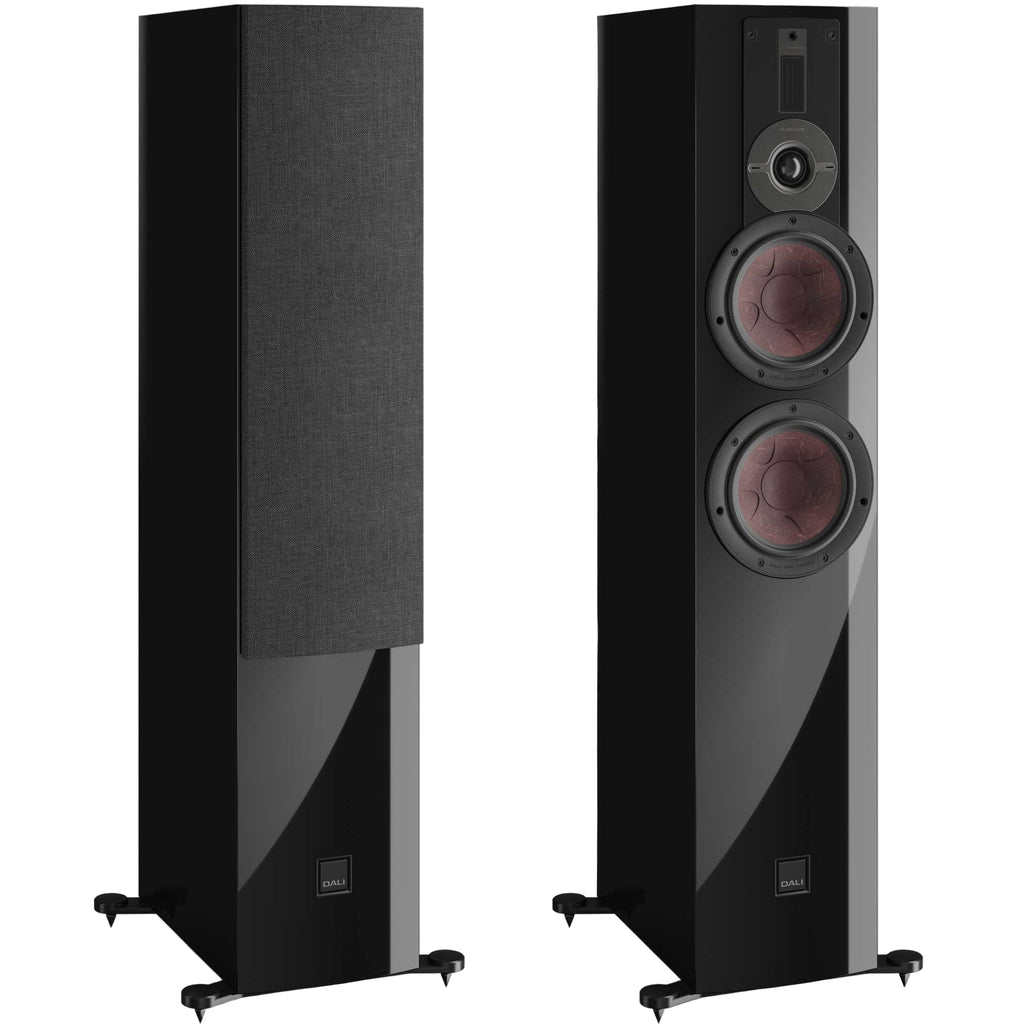 Pair of DALI Rubikore 6 black passive floorstanding speakers with sleek design and modern speaker grille.